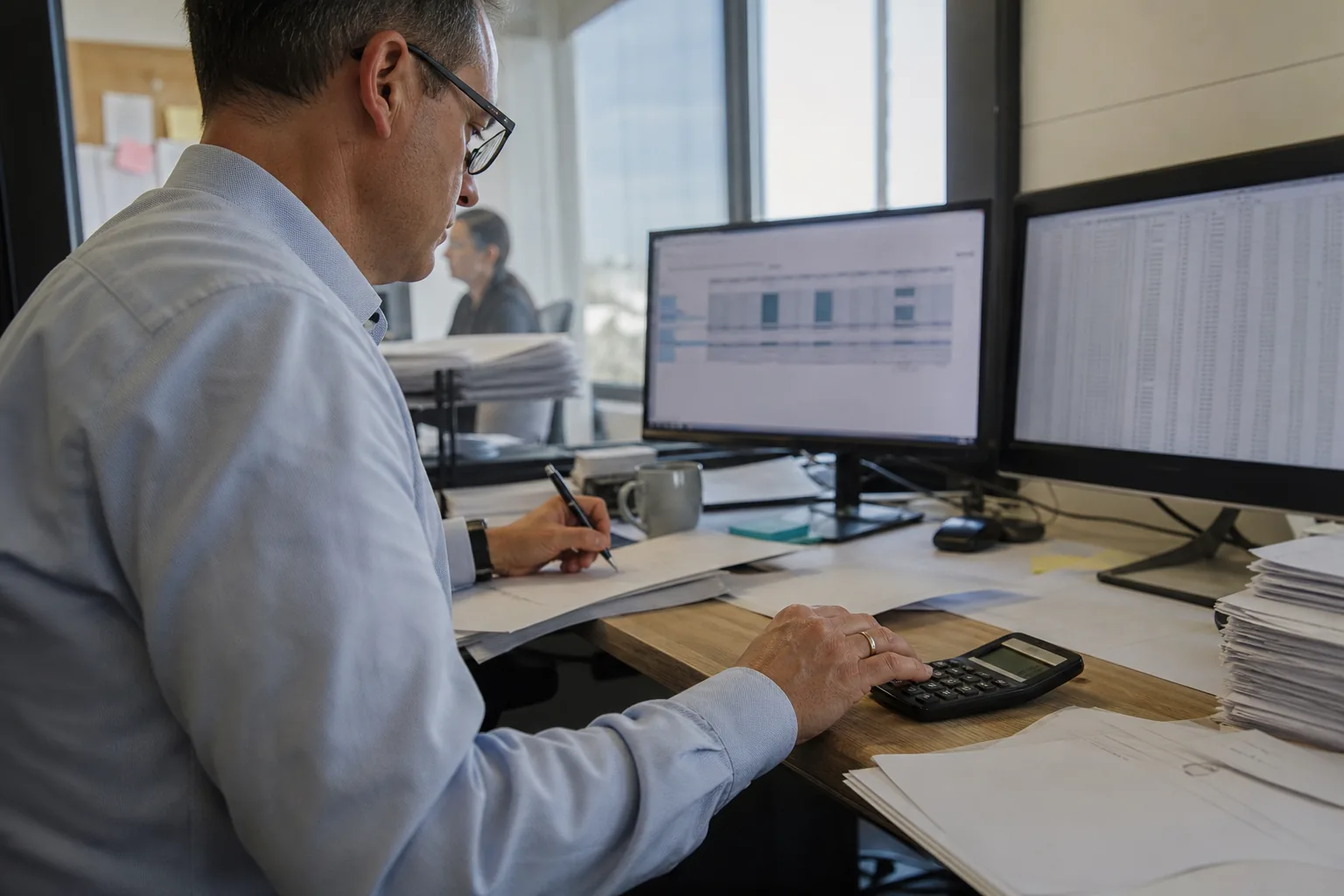 Finance controller checking monthly payment processing costs with a desk calculator and printed statements