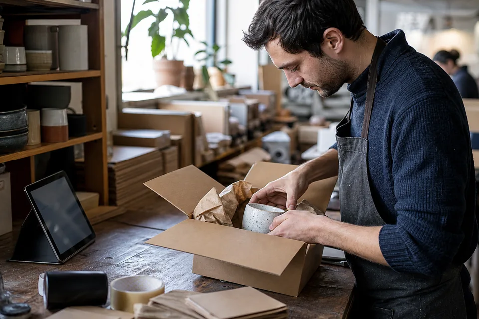 Independent vendor packing an order in a small workshop